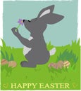 Postcard for Easter holiday, hand-drawn pencil style. Easter eggs, the rabbit inhales the scent of a flower